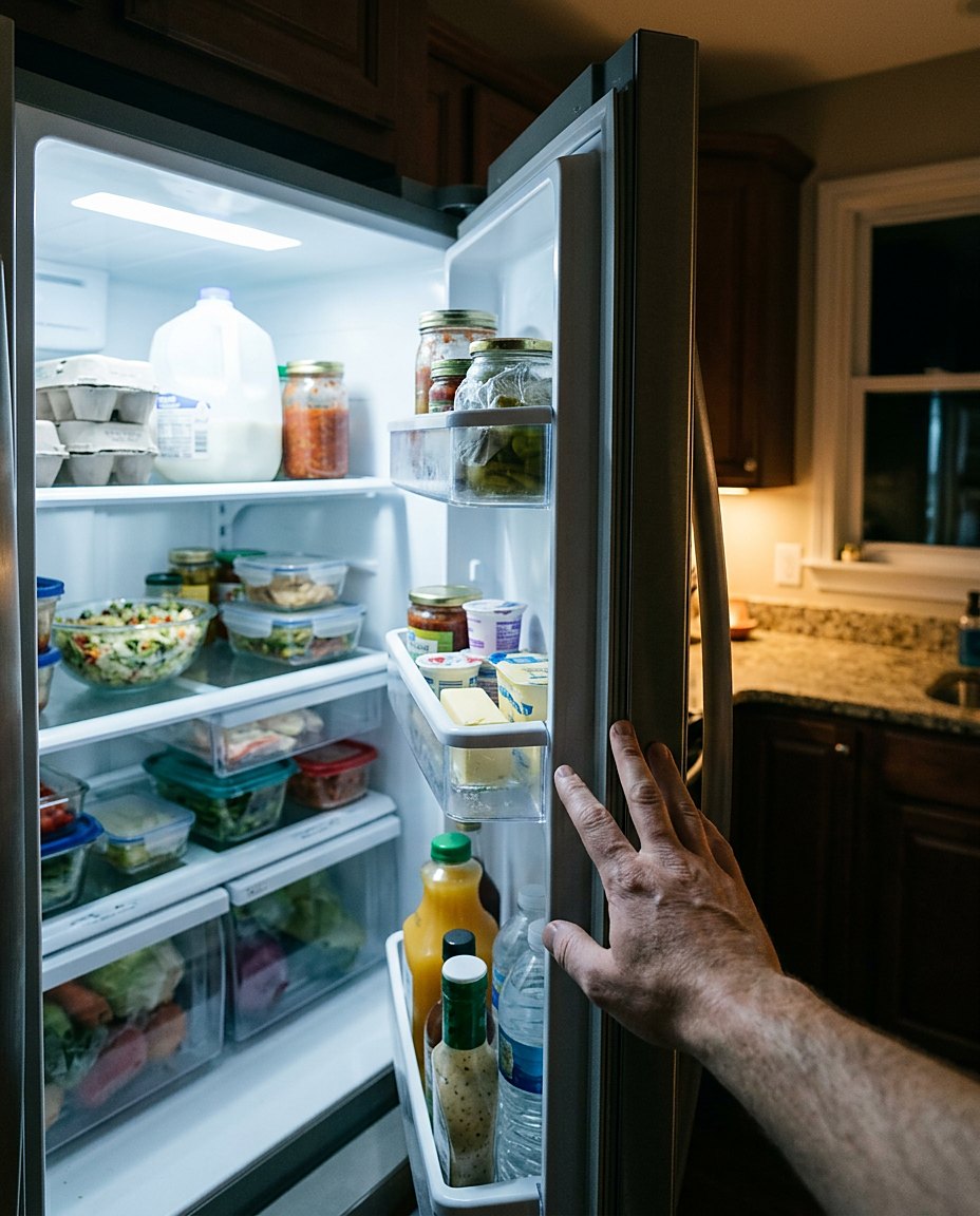 Open fridge at night, used as an everyday memory-lapse illustration